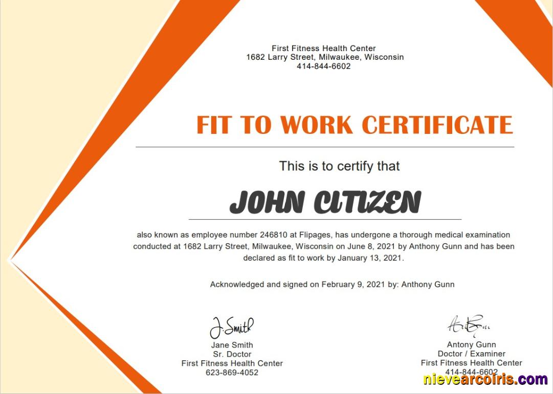 USA Medical Fitness certificate
